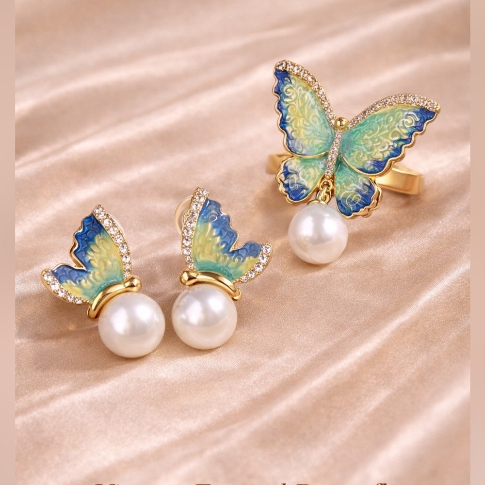 Vintage Luxury Craftsmanship Elegant Butterfly Pearl Ring Earrings Set
